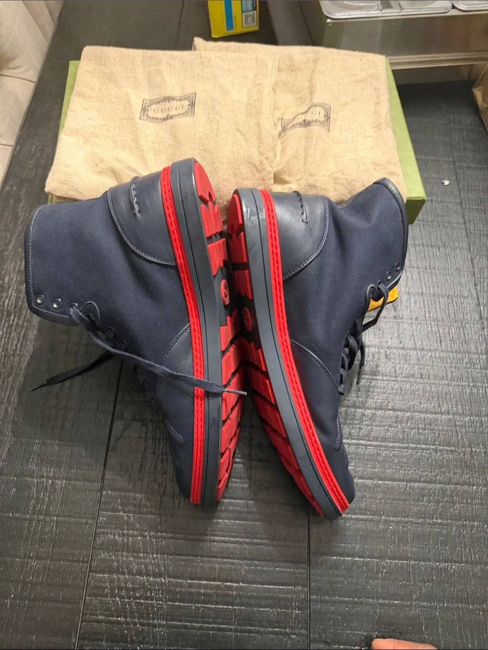 Gucci Navy Blue and Yellow Sneakers with Red Soles